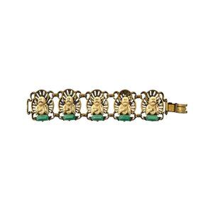 Bracelet with Carved Buddha and Faux Jadeite Vintage Oriental Jewelry Gift